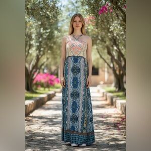 Boho Lace Crochet Embroidered Maxi Dress Blue Pink Border Print Smocked Small